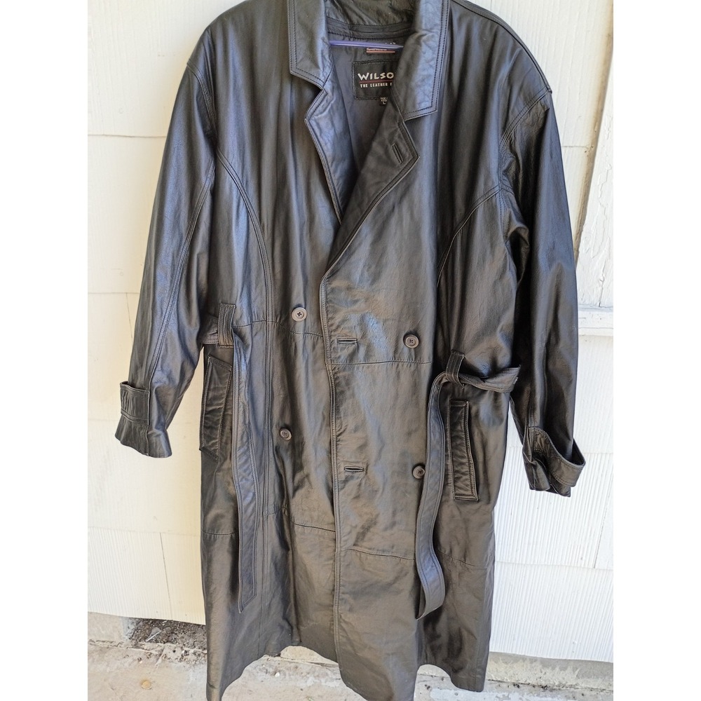 Wilson Leather Long Trench Mens L Waist Tie 2-Button Thinsulate Black VINTAGE